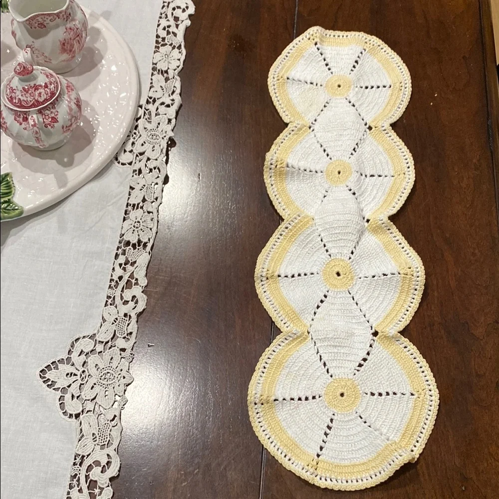 Vintage Hand-Crocheted Dresser Scarf Or White and Yellow Table Runner!